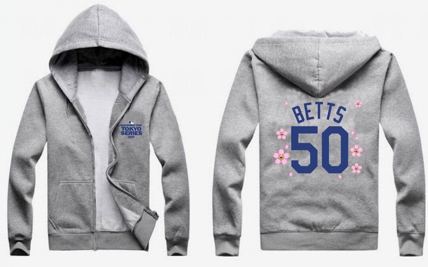 Men Los Angeles Dodgers #50 Betts Grey Zipper hoodie 2025 MLB Jersey style 1